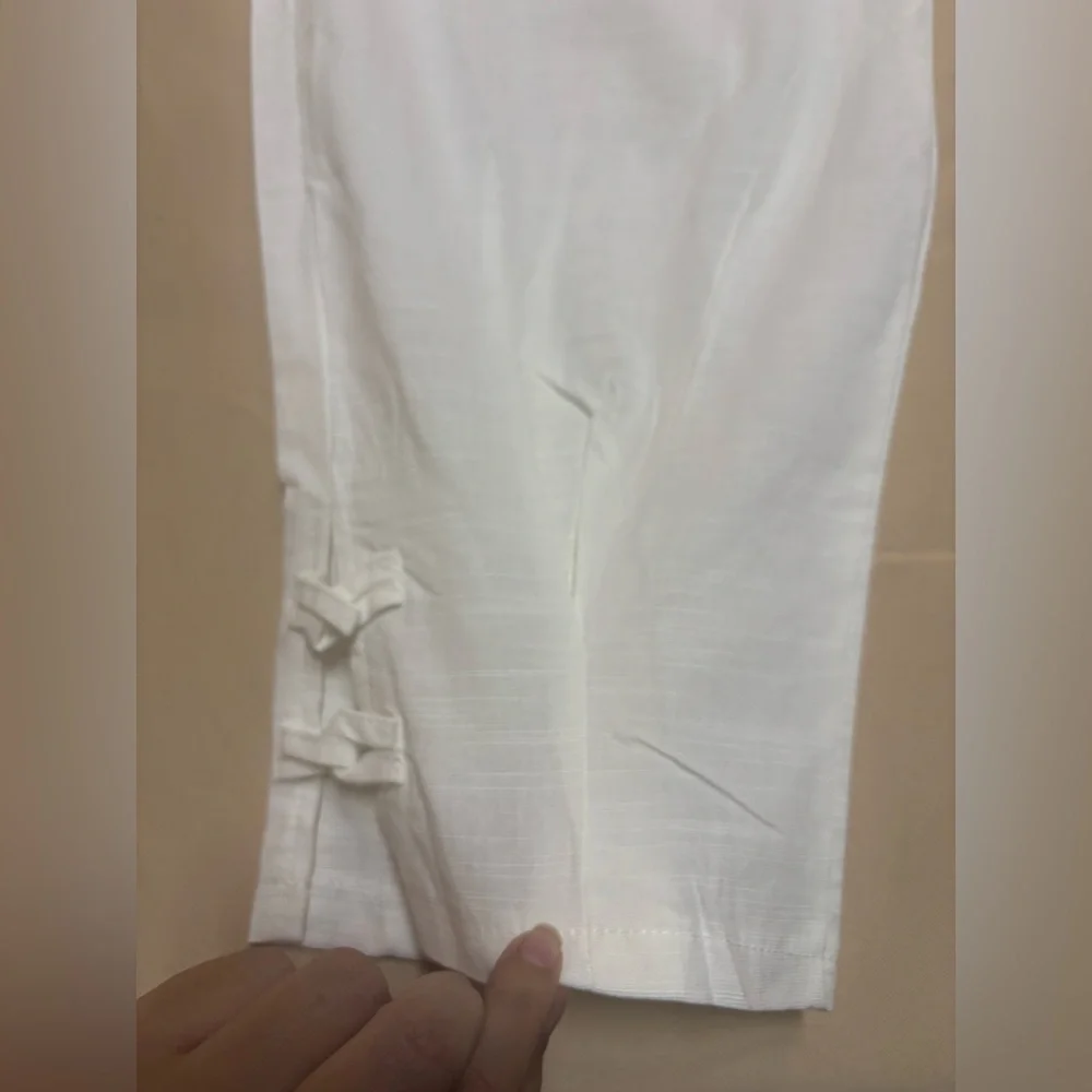 Linen Blend Pants‎ Womens M White Cropped Summer Resort Comfort Capri Drawstring